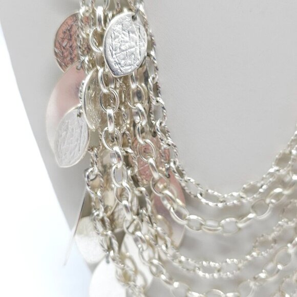 Multi Layer Silver Tone Statement Necklace With Chain Links Textured Leaf Charms - Picture 3 of 7
